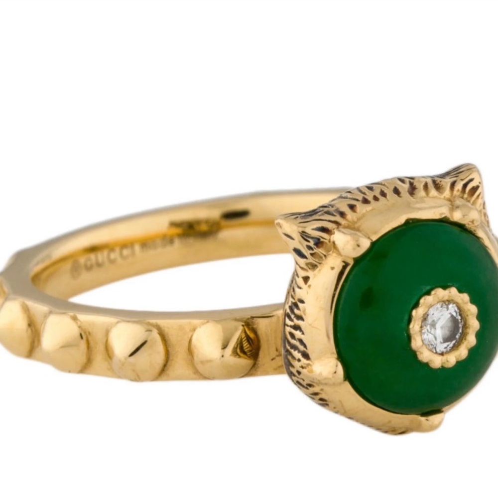 Gucci 18K Yellow Gold Le Marché des Merveilles Jade & Diamond Feline Head Ring. - Picture 4 of 8